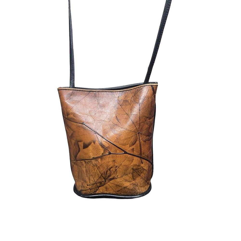 Vtg C.L. Whiting Collection Leaf Leather Brown Small Crossbody Bucket Purse